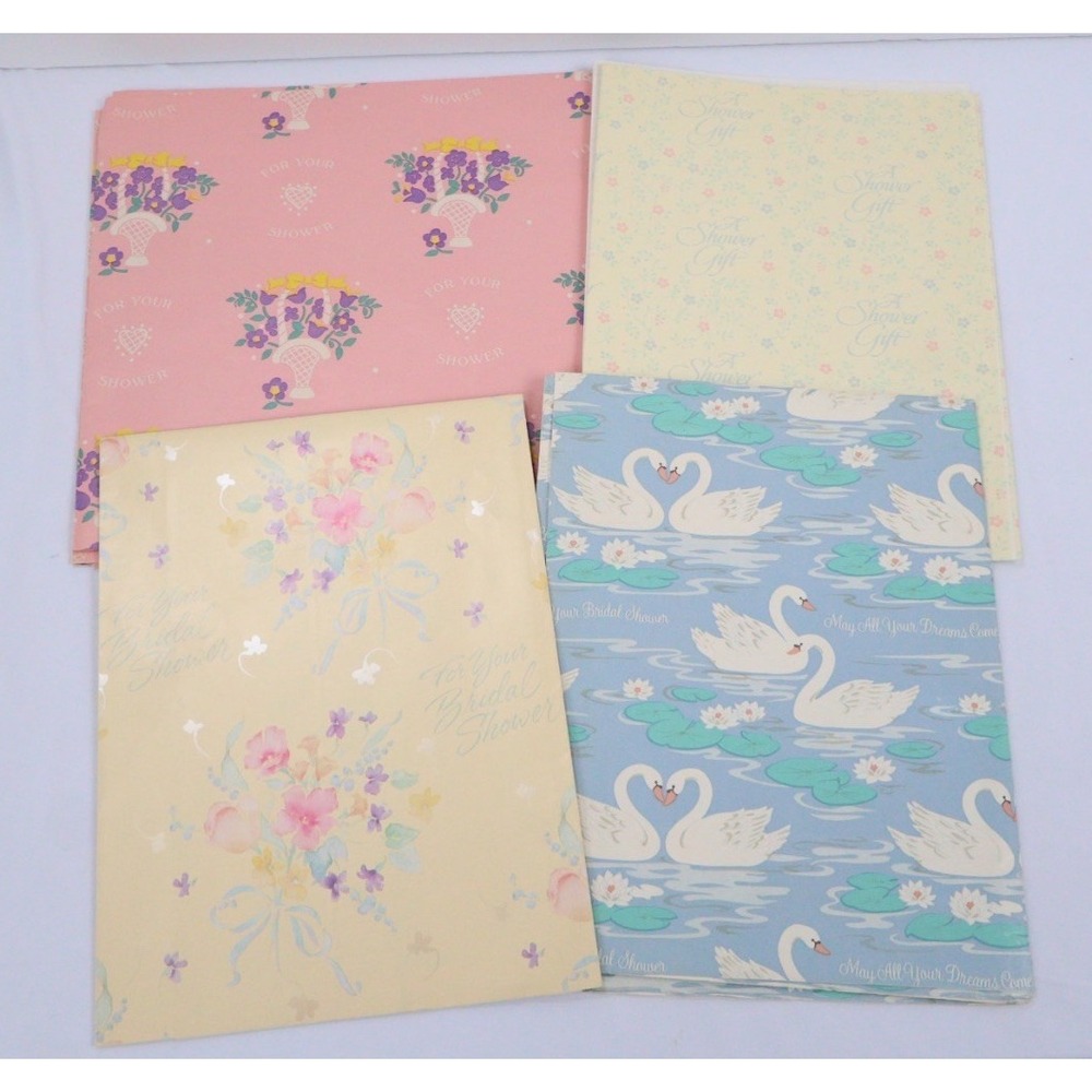 VTG 90's Bridal Shower Gift Wrapping Paper Mixed Lot  Yellow Blue Swan Uncut NOS